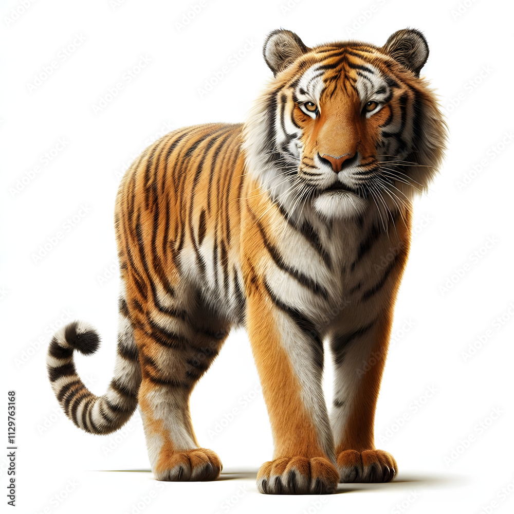 Fototapeta premium Tiger isolated on a white background, Side view, tiger standing full HD image generated by Ai. full body, realistic, full detail looking at the camera.