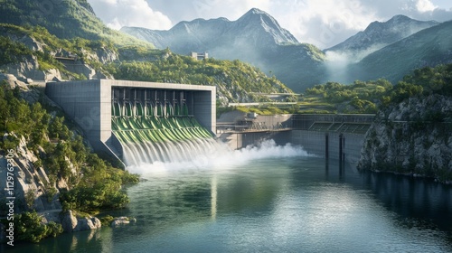 In a breathtaking mountainous area, a large dam regulates water flow, generating renewable energy while supporting sustainable finance efforts. photo