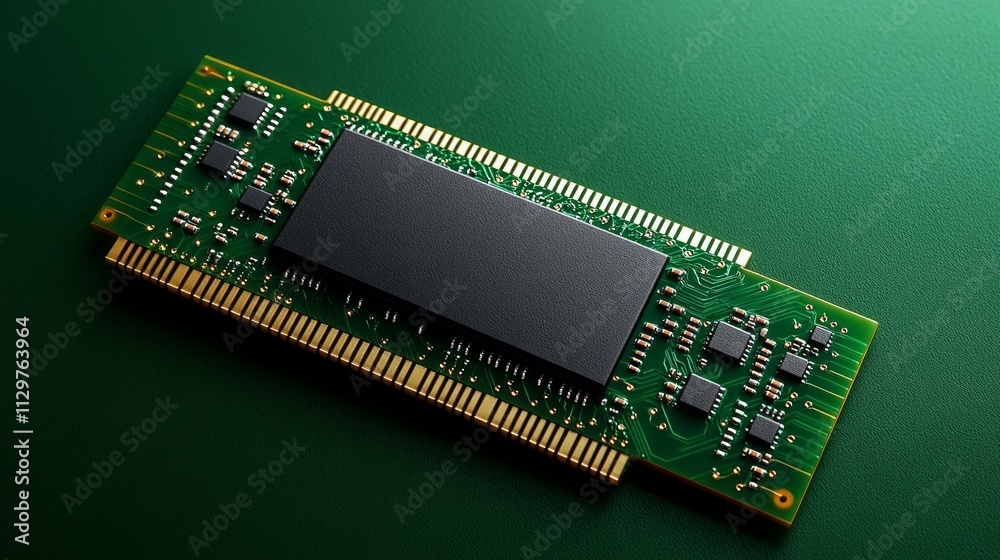 Close-up of a green circuit board with a black chip, isolated on a green background. Close-up of a green circuit board with a black chip, isolated on a green background.