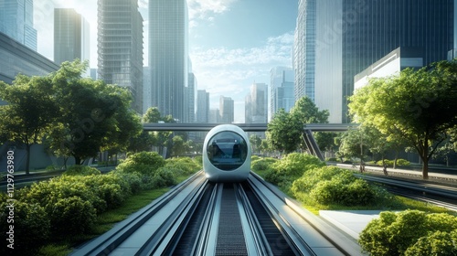 A futuristic transportation system runs through a vibrant urban landscape, showcasing the impact of ai on sustainable finance. #1129763980