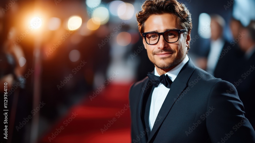 A high-angle medium shot of a dashing gentleman in a stylish black suit, posing confidently on the red carpet at an award ceremony, with blurred paparazzi in the background and radiant lighting creati A high-angle medium shot of a dashing gentleman in a stylish black suit, posing confidently on the red carpet at an award ceremony, with blurred paparazzi in the background and radiant lighting creati