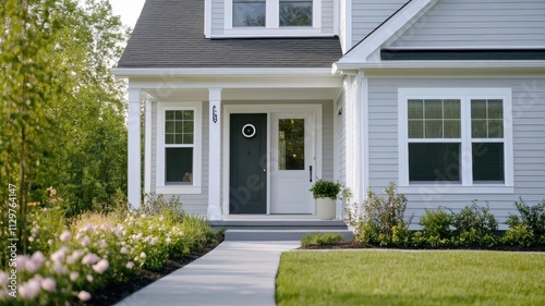 A suburban home with a stylish doorbell camera on the front door, blending seamlessly with the design