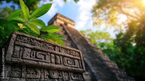Mayan Ruins Jungle Temple Ancient Stone Carving Lush Greenery