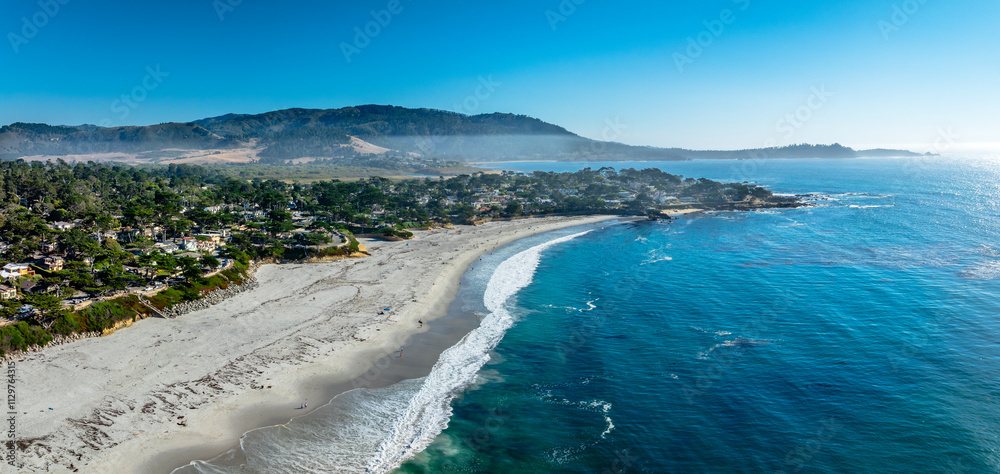 Panoramic Drone view of Carmel by the sea with beach and ocean Panoramic Drone view of Carmel by the sea with beach and ocean