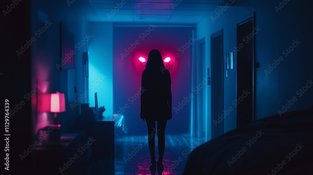 Silhouetted woman walking down neon-lit hallway. Silhouetted woman walking down neon-lit hallway.