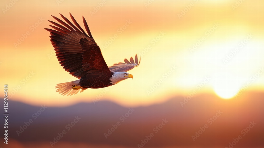 Fototapeta premium Majestic Bald Eagle Soaring at Sunset Freedom Wildlife Nature