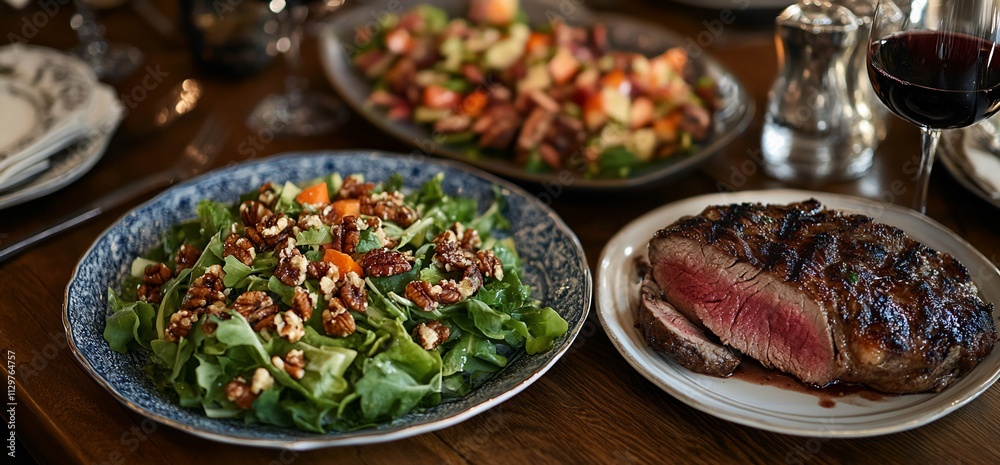 Grilled steak, walnut salad, and fruit salad on a wooden table. Grilled steak, walnut salad, and fruit salad on a wooden table.