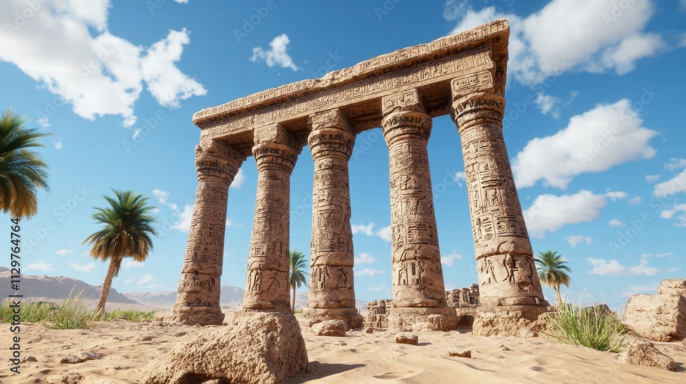 Ancient Desert Temple Ruins Pillars Hieroglyphs Sandstone Sunny Sky Archaeology History Egypt Ancient Desert Temple Ruins Pillars Hieroglyphs Sandstone Sunny Sky Archaeology History Egypt