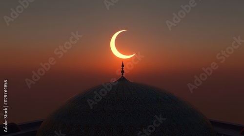 Crescent moon above mosque dome at sunset. photo