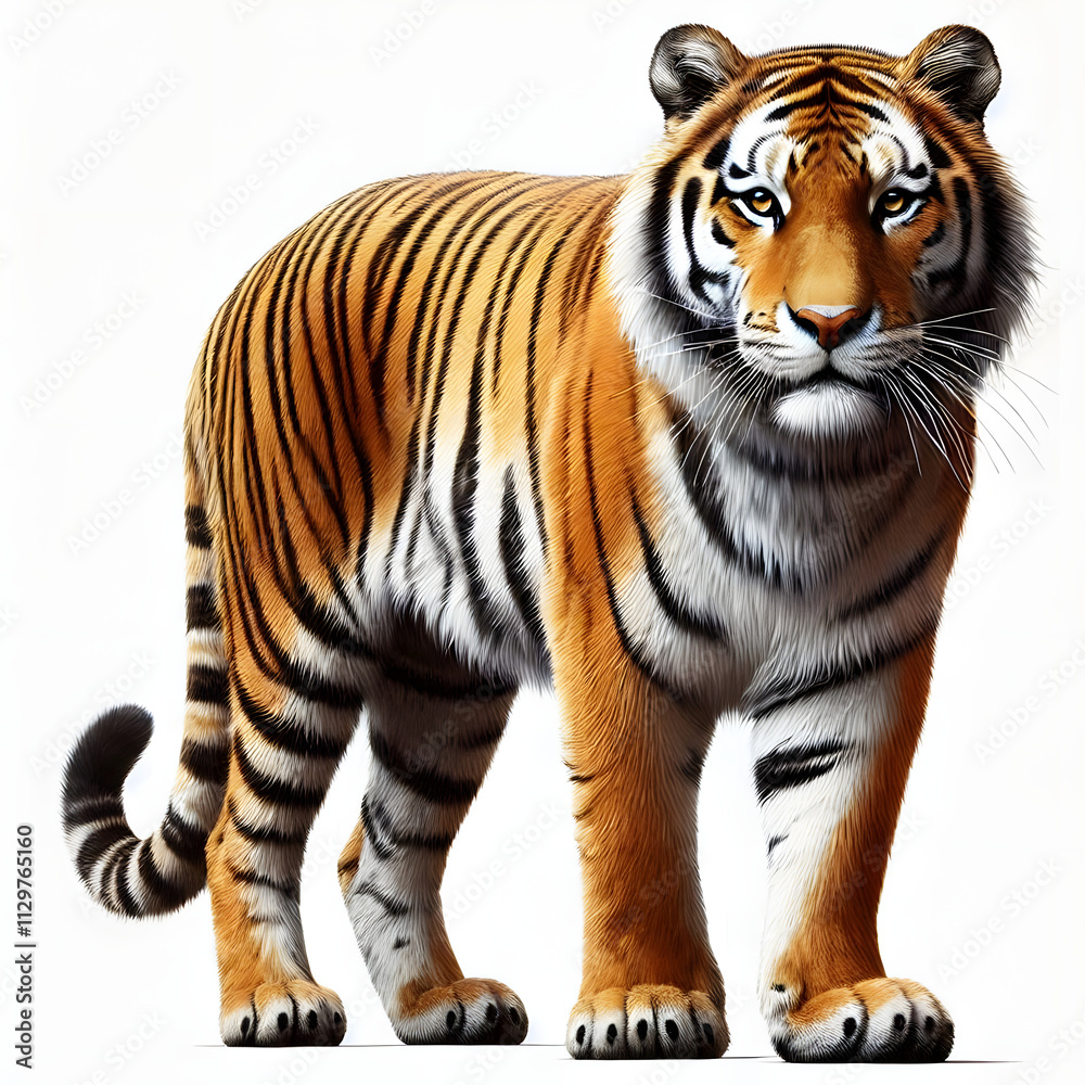 Tiger isolated on a white background, Side view, tiger standing full HD image generated by Ai. full body, realistic, full detail looking at the camera. Tiger isolated on a white background, Side view, tiger standing full HD image generated by Ai. full body, realistic, full detail looking at the camera.