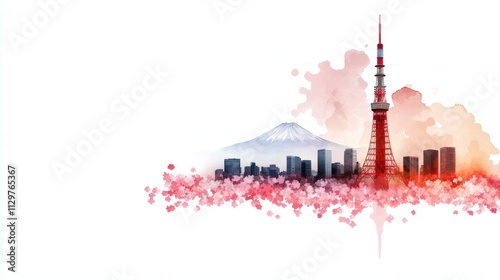 Tokyo Skyline Mount Fuji Cherry Blossoms Watercolor Art