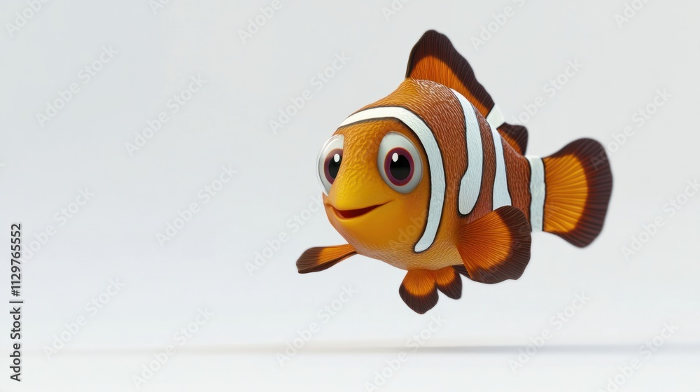 Cartoon-style 3D clownfish with expressive eyes and a striped body, swimming playfully, isolated on white