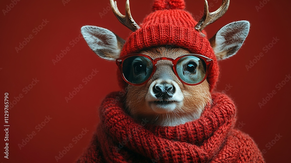 Cooles Rentier Rudolf mit Nikolausmütze und Sonnenbrille auf Rotem Hintergrund Cooles Rentier Rudolf mit Nikolausmütze und Sonnenbrille auf Rotem Hintergrund
