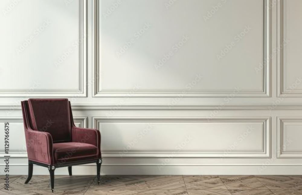 A single burgundy velvet armchair in front of a white paneled wall with sunlight streaming through the window A single burgundy velvet armchair in front of a white paneled wall with sunlight streaming through the window