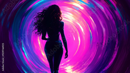 Woman Walks Towards Vibrant Abstract Swirling Purple and Pink Portal Digital Painting