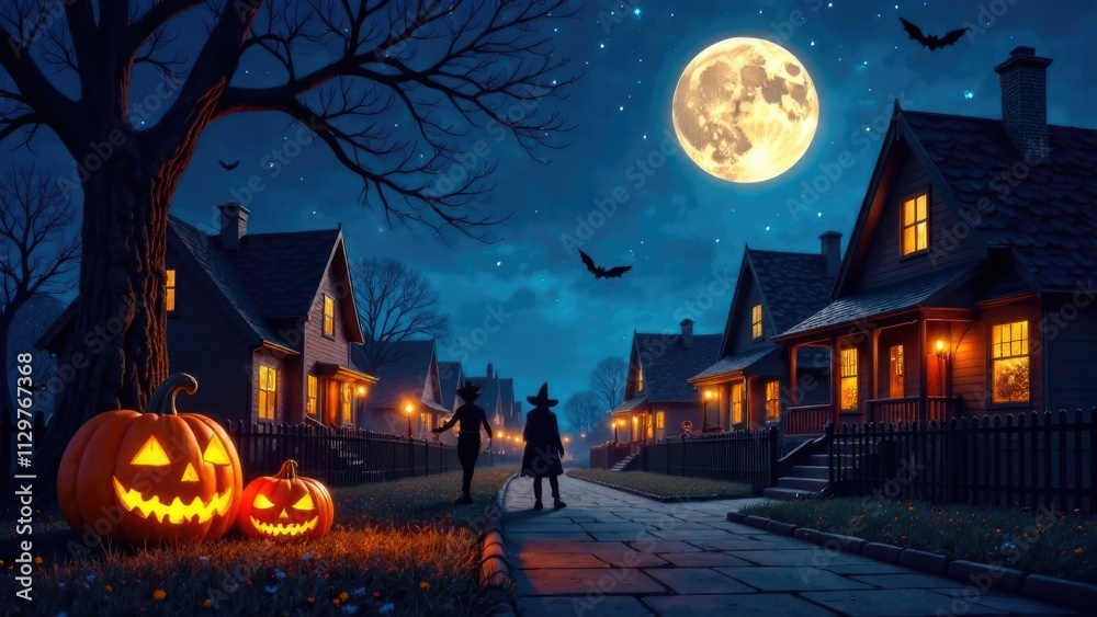 Fototapeta premium street, night,starry sky with a big moon, children in costumes of a witch, vampire, children's theme, at home, go to visit for sweets, faces glowing from a pumpkin, beautiful, free space for text