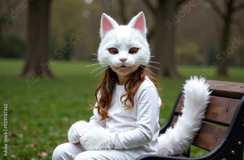 teenage quadrober girl sits in paper white carnival cat mask fluffy ears on on the grass in park, fluffy cat tail behind, white clothes, fluffy mittens on hands cat paws, blurred trees on background, photo