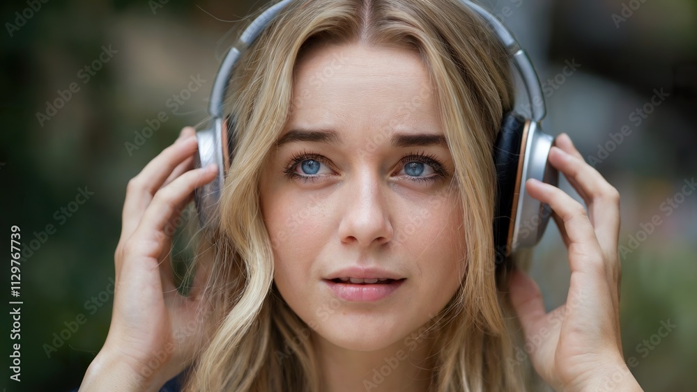 Young blonde woman with slightly wavy hair and bright blue eyes wearing headphones and is listening to music Young blonde woman with slightly wavy hair and bright blue eyes wearing headphones and is listening to music
