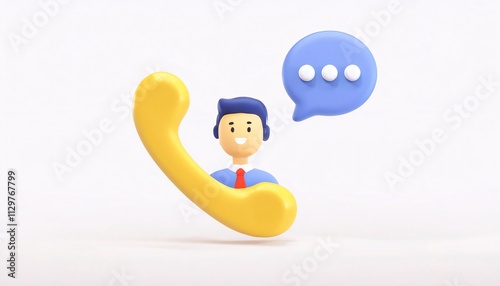 A cartoonish phone with a character and speech bubble, symbolizing communication and customer service.