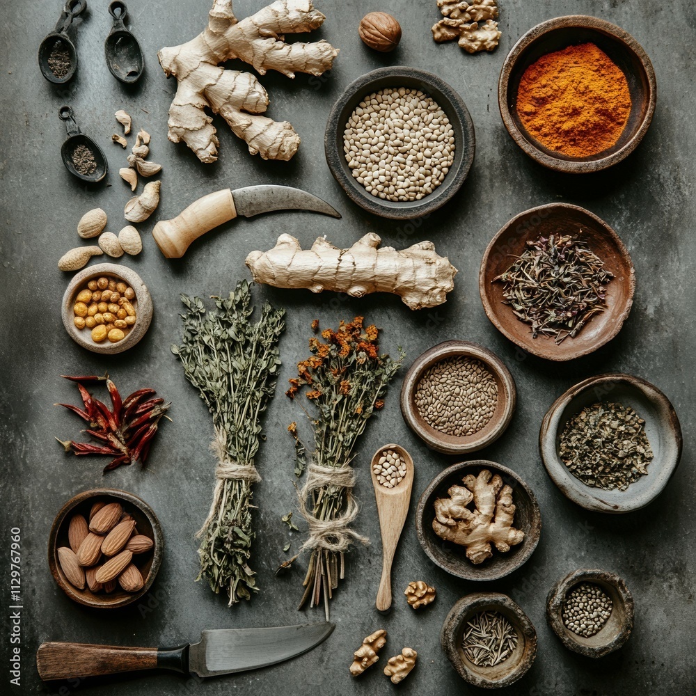 mood board in earthy tones, various natural objects on gray surface, flat lay, lay out, top view. natural medicine, herbalism, articles on traditional medicine or herbal remedies, witchcraft concept. mood board in earthy tones, various natural objects on gray surface, flat lay, lay out, top view. natural medicine, herbalism, articles on traditional medicine or herbal remedies, witchcraft concept.