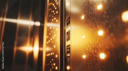 Close-up of modern elevator interior with illuminated control panel and textured metallic walls.