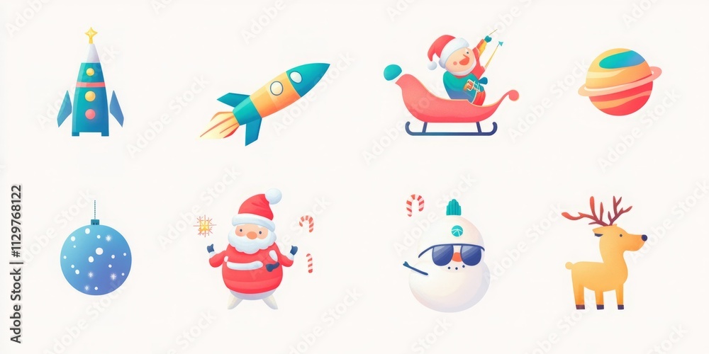 A set of festive, cartoonish Christmas and space-themed icons. A set of festive, cartoonish Christmas and space-themed icons.