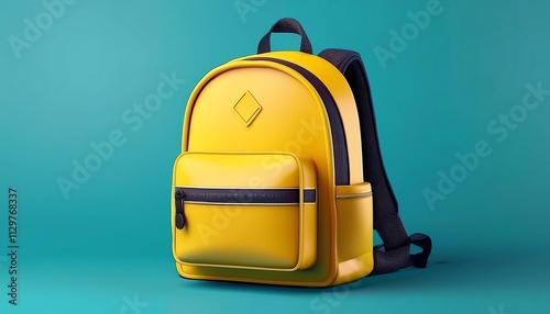 A vibrant yellow backpack with a front pocket, set against a teal background, showcasing its stylish design and modern aesthetic.