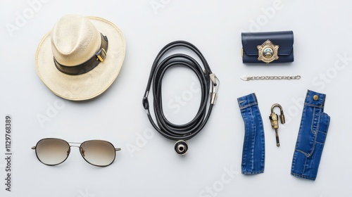 Stylish Summer Accessories Arrangement Featuring Sunglasses, Hat, Leather Strap, Lock, Jeans, Badge, and Belt on a Clean Background photo