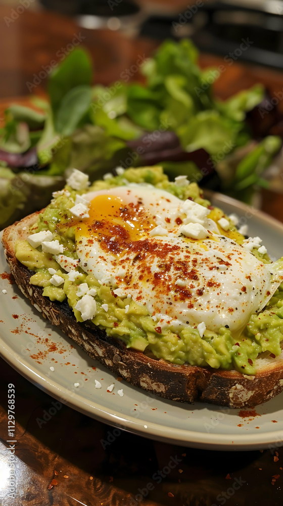 Delicious avocado toast topped with fried eggs, feta cheese, and spices, served with a side salad. Delicious avocado toast topped with fried eggs, feta cheese, and spices, served with a side salad.