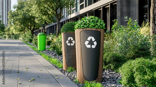 Wallpaper Mural recycle eco-friendly bio-based. Urban recycling bins surrounded by greenery, promoting sustainability and eco-friendly practices in a modern city environment. Torontodigital.ca