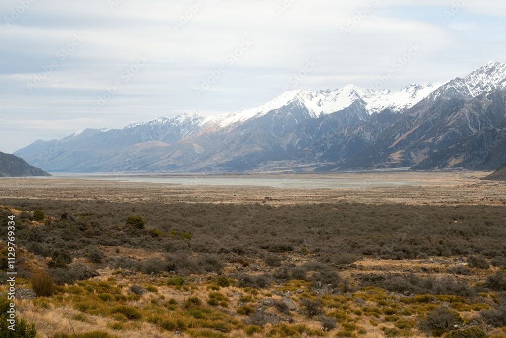 Tasman River Alpine Landscape, Stunning Mountain Scenery in New Zealand