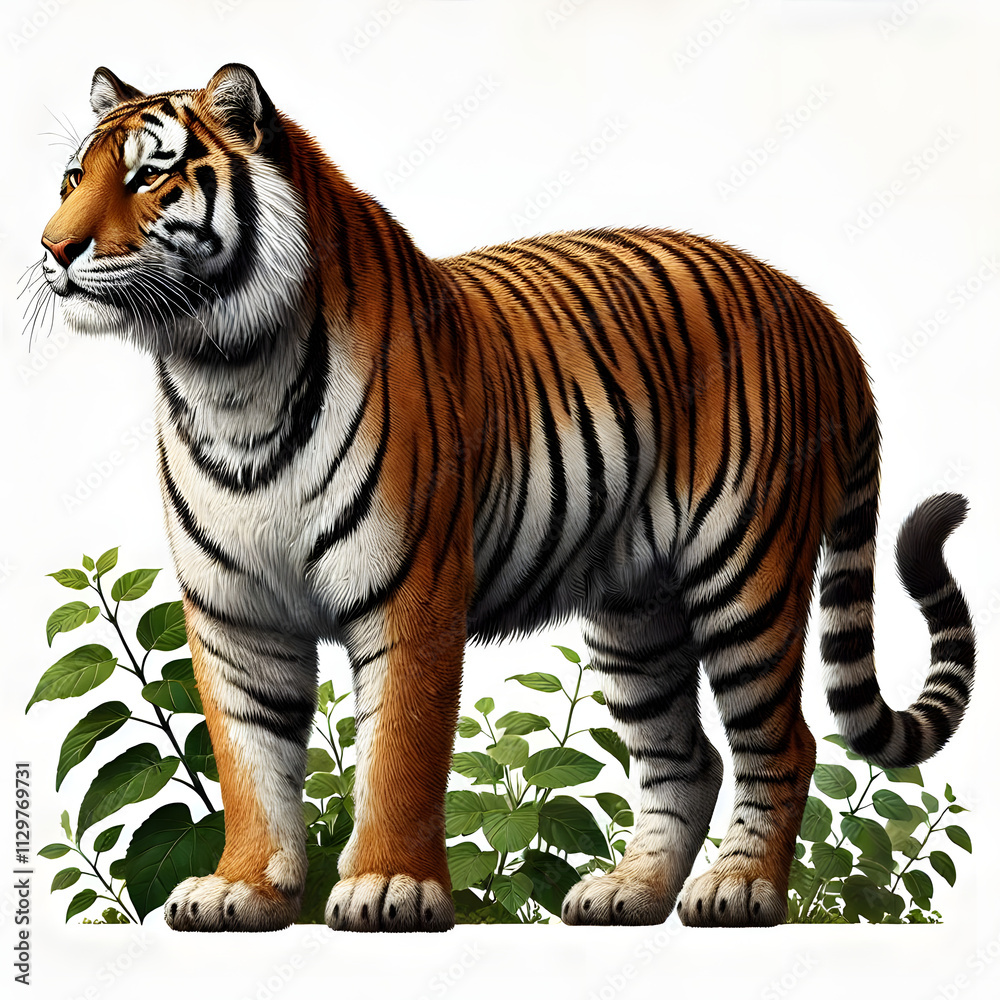 Obraz premium Tiger in jungle standing on green leaf or grass, isolated on a white background, Side view, tiger standing full HD image generated by Ai. full body, realistic, full detail looking at the camera.