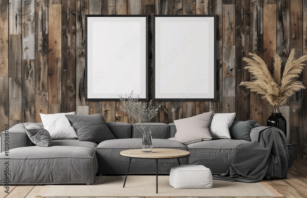 Modern living room interior with gray sectional sofa. coffee table. and two empty picture frames on rustic wood wall Modern living room interior with gray sectional sofa. coffee table. and two empty picture frames on rustic wood wall