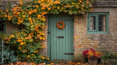 Autumnal Doorway Stone Cottage Decorated With Fall Foliage