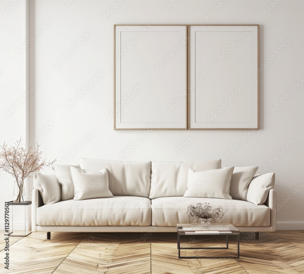 Minimalist living room interior with a white sofa. two empty frames. a glass side table. and a coffee table with a book and a vase Minimalist living room interior with a white sofa. two empty frames. a glass side table. and a coffee table with a book and a vase