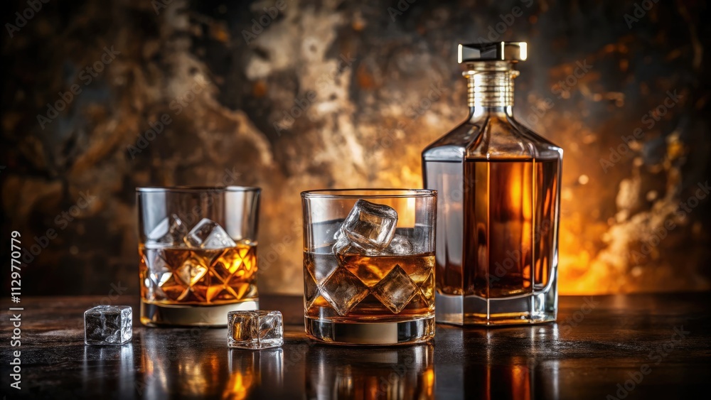 Indulge in a luxurious whiskey night: dark bar, ice, decanter, relaxation, spirits. Indulge in a luxurious whiskey night: dark bar, ice, decanter, relaxation, spirits.