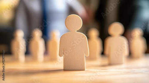 a wooden figure representing a candidate standing out among the group of applicants, job hiring process, best candidate concept photo