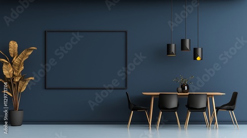 Modern dining room with dark blue walls, wooden table, black chairs, and empty frame.