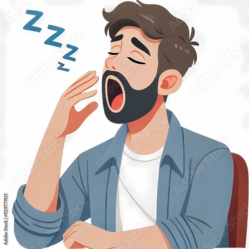 Flat Style Illustration of Man Yawning on White Background