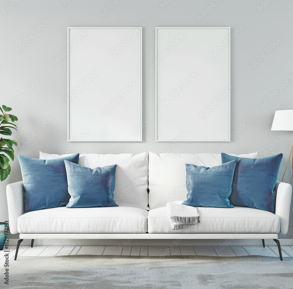 White couch with blue pillows in a minimalist living room with two blank frames