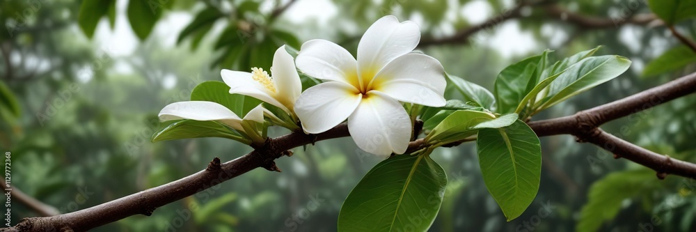 A single white frangipani leaf on a tree branch, forest scenery, tree branch, seasonal change A single white frangipani leaf on a tree branch, forest scenery, tree branch, seasonal change