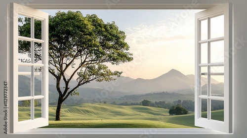 Open window view of serene landscape with tree, hills, and sunrise.