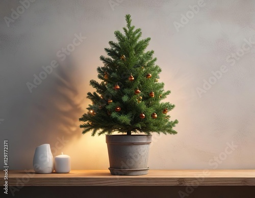 A small, beautifully decorated potted evergreen tree on a shelf, lights, seasonal