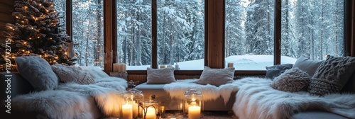 Cozy Winter Cabin Interior Snow Scenics Christmas Tree