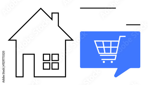 House next to blue speech bubble containing shopping cart, representing online shopping from home. Ideal for e-commerce, digital marketplace, retail, home-based business, online orders, delivery