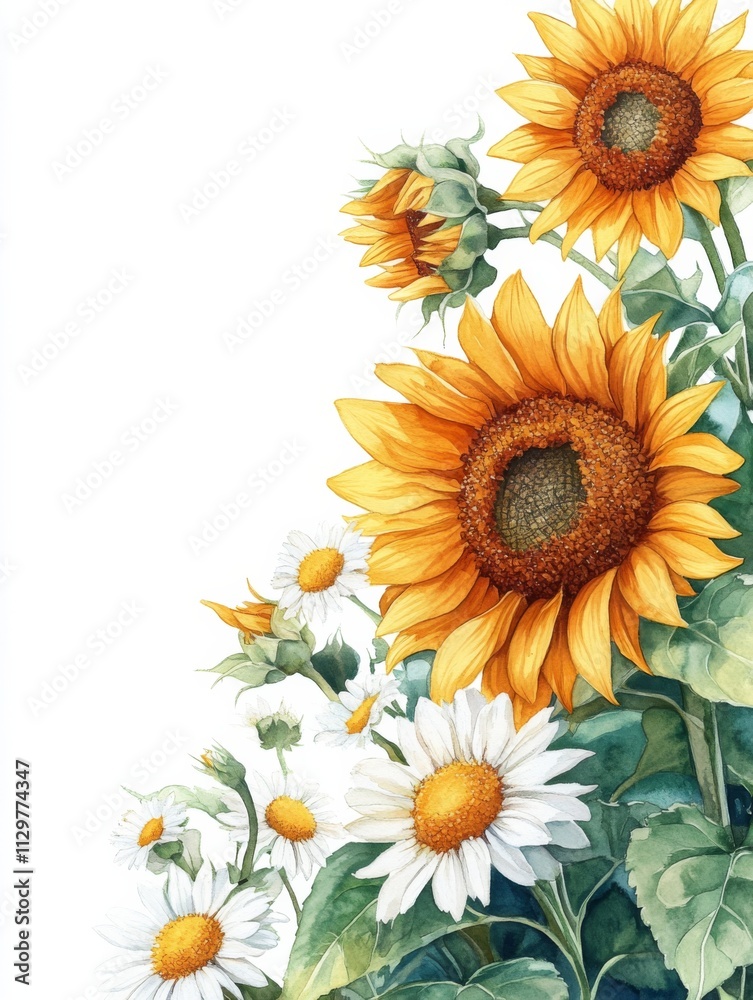 Joyful watercolor sunflowers and daisies bouquet Joyful watercolor sunflowers and daisies bouquet