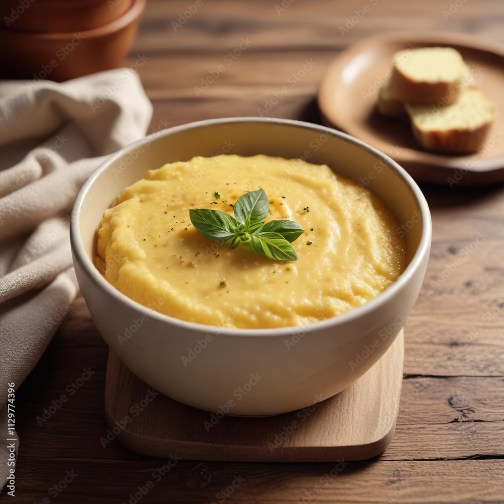 Closeup shot of creamy white polenta in a simple ceramic brown bowl on a wooden surface, ceramic, smooth , polenta Closeup shot of creamy white polenta in a simple ceramic brown bowl on a wooden surface, ceramic, smooth , polenta
