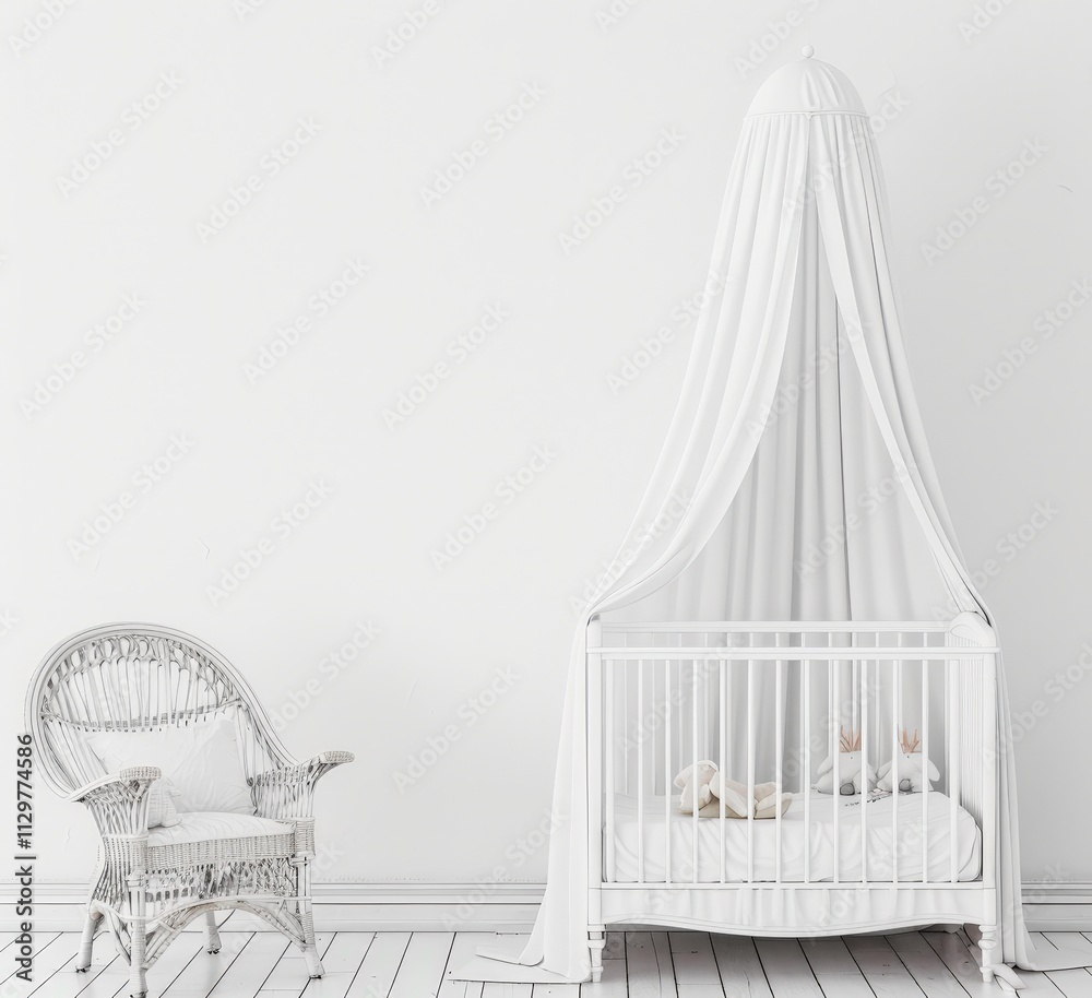 White crib with canopy in a minimalist nursery White crib with canopy in a minimalist nursery