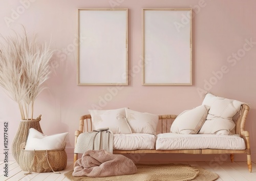 Two empty frames above a rattan sofa with a throw blanket and decorative pillows in a bohemian living room