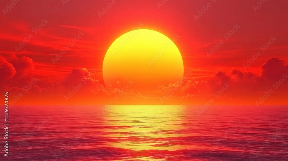 Dramatic Fiery Sunset Over the Calm Ocean with Vibrant Colors Dramatic Fiery Sunset Over the Calm Ocean with Vibrant Colors
